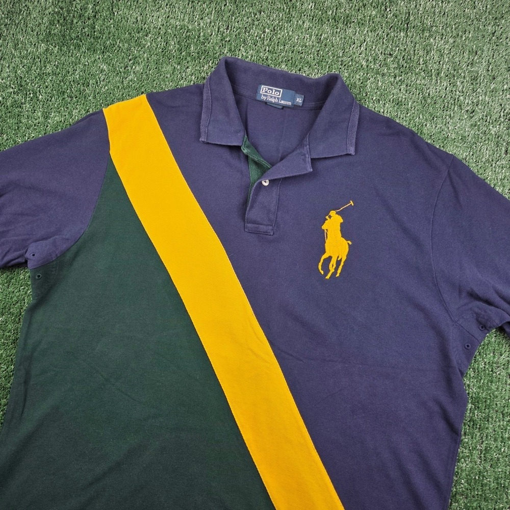 Polo Ralph Lauren Mens XL Big Pony Colorblock Sash Polo Shirt Navy Green Yellow